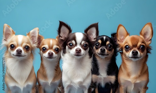 Diverse Collection of Adorable Chihuahua Breed Dogs Posing Together on Soft Blue Background