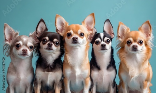 Adorable Pack of Chihuahuas Shot Against a Soft Blue Background in Studio