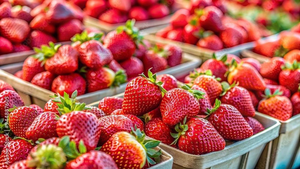 Juicy red strawberries on display at a farmer's market , farm fresh, summer fruit, vibrant, sweet, organic Juicy red strawberries on display at a farmer's market , farm fresh, summer fruit, vibrant, sweet, organic