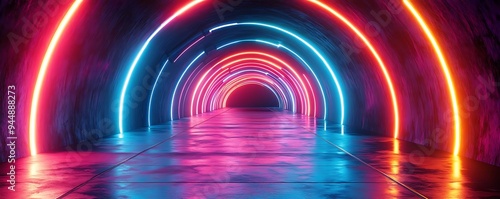 Neon Lights Tunnel 3D Render - Futuristic Sci-Fi Cyberpunk Background
