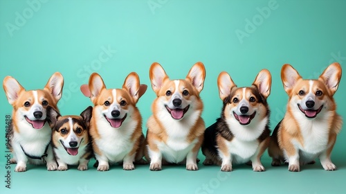 Cheerful Pack of Corgis in Mint Green Studio Setting