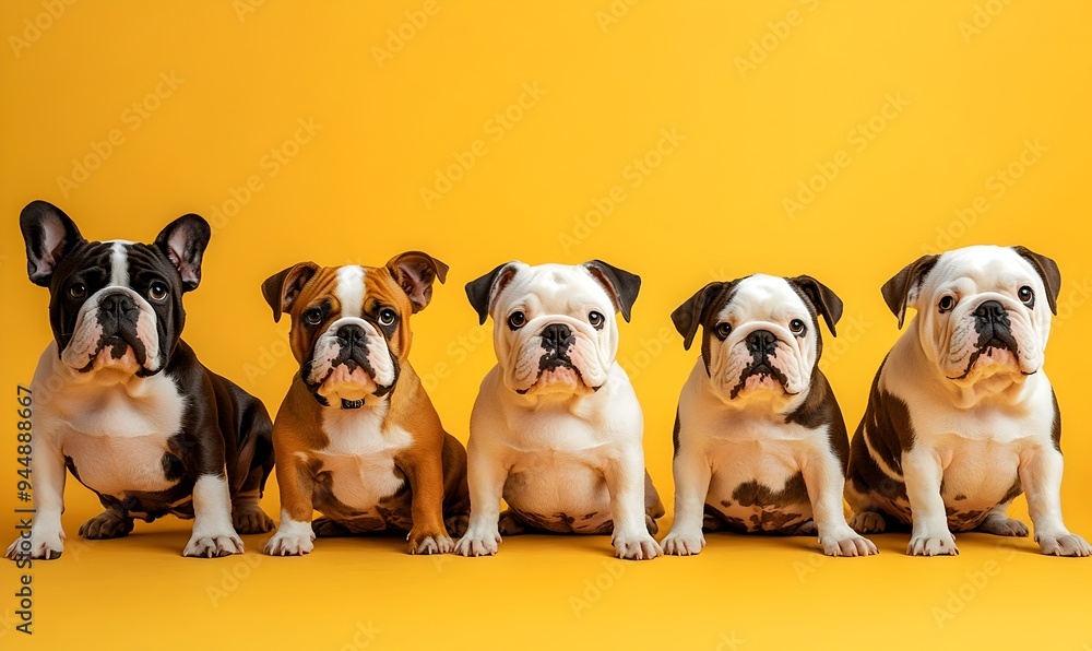 Mellow Bulldog Pack Against Vibrant Yellow Background Mellow Bulldog Pack Against Vibrant Yellow Background