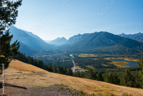 Overlook view Town of Banff in autumn. Mount Rundle, Sulphur Mountain in the background. View from Mount Norquay Banff View Point. Banff National Park, Canadian Rockies, Canada. photo