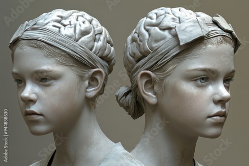 Twin Busts with Brain Caps Depicting the Parallels and Divergences in Cognitive Development and Thought Patterns photo