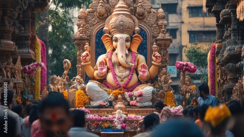 Iconic Lalbaugcha Raja Ganapati Bappa statue in all its glory, surrounded by devoted worshippers offering prayers and flowers. photo