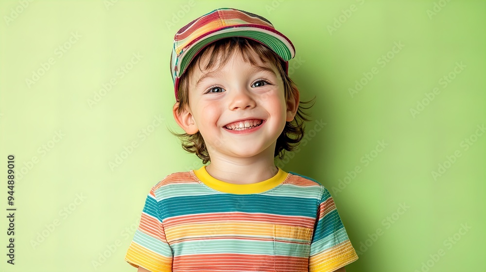 Delightful Cheer: A Vibrant Child in Colorful Cap and Striped T-Shirt - Perfect for a Sporty Interior Poster or Inspiring Children's Room Decor! Delightful Cheer: A Vibrant Child in Colorful Cap and Striped T-Shirt - Perfect for a Sporty Interior Poster or Inspiring Children's Room Decor!