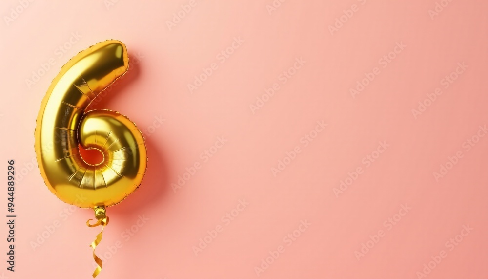 Banner with number 6 golden balloon with copy space. Sixth birthday celebration on a solid color background. Banner with number 6 golden balloon with copy space. Sixth birthday celebration on a solid color background.