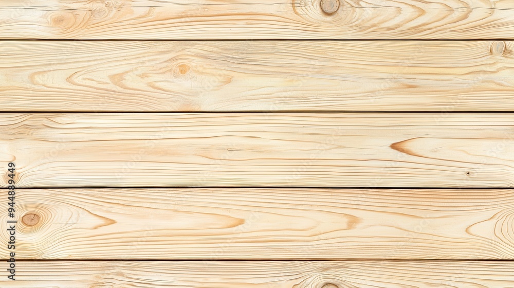 Fototapeta premium Light-colored wooden planks with natural grain patterns, arranged horizontally. The wood has a smooth texture and a warm tone, ideal for backgrounds or design elements.