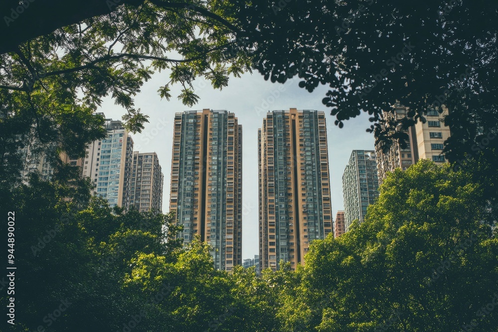 Obraz premium high rise apartments and green trees , ai