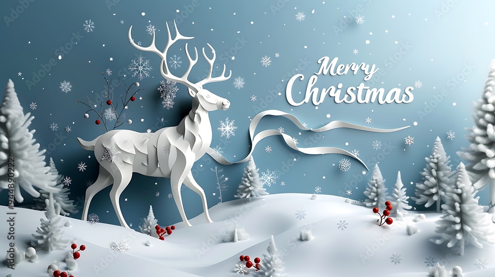 A majestic paper-cut reindeer with antlers adorned with snowflakes, standing in a snowy field, A majestic paper-cut reindeer with antlers adorned with snowflakes, standing in a snowy field,