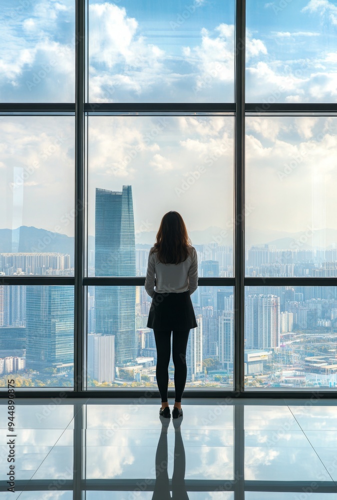 Fototapeta premium A businesswoman standing in front of a large window, with city skyline visible and copy space on the left