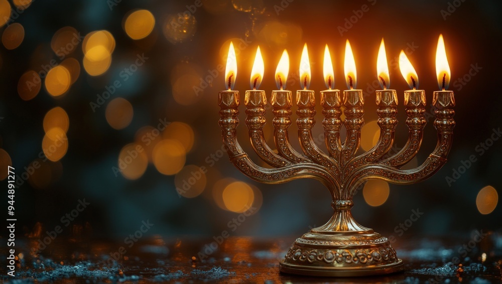 A traditional golden menorah with lit candles. A traditional golden menorah with lit candles.