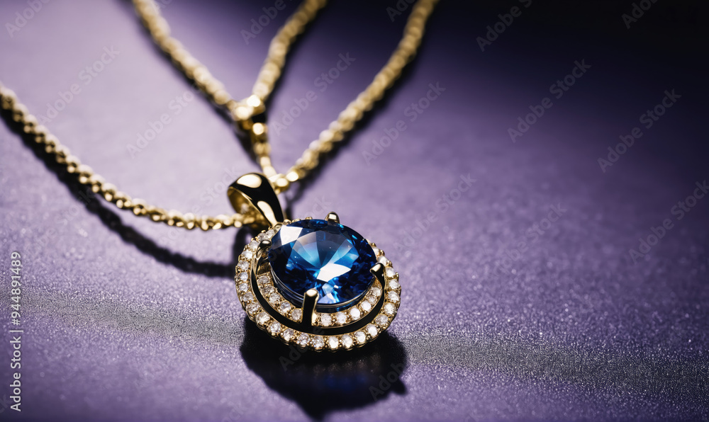 A gold chain with a large blue gemstone pendant rests on a purple surface A gold chain with a large blue gemstone pendant rests on a purple surface