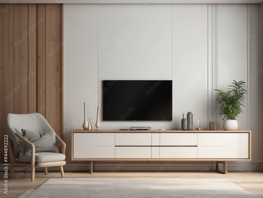 Modern Living Room with White Wall, Wooden Accents, and a Flat Screen TV Modern Living Room with White Wall, Wooden Accents, and a Flat Screen TV