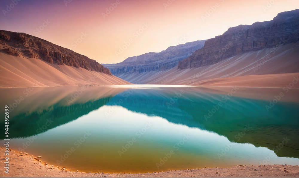 Fototapeta premium A still lake reflects the mountains and sky at sunset