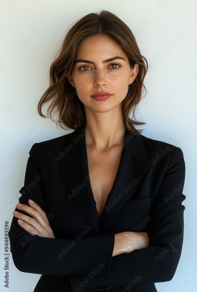 A businesswoman with arms crossed, standing against a plain background with copy space above and below A businesswoman with arms crossed, standing against a plain background with copy space above and below