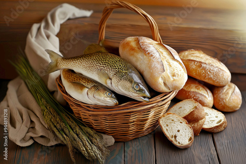 5 Loaves and 2 Fish. Bible Illustration, Photo-realistic - [3:2 ratio] Landscape Format