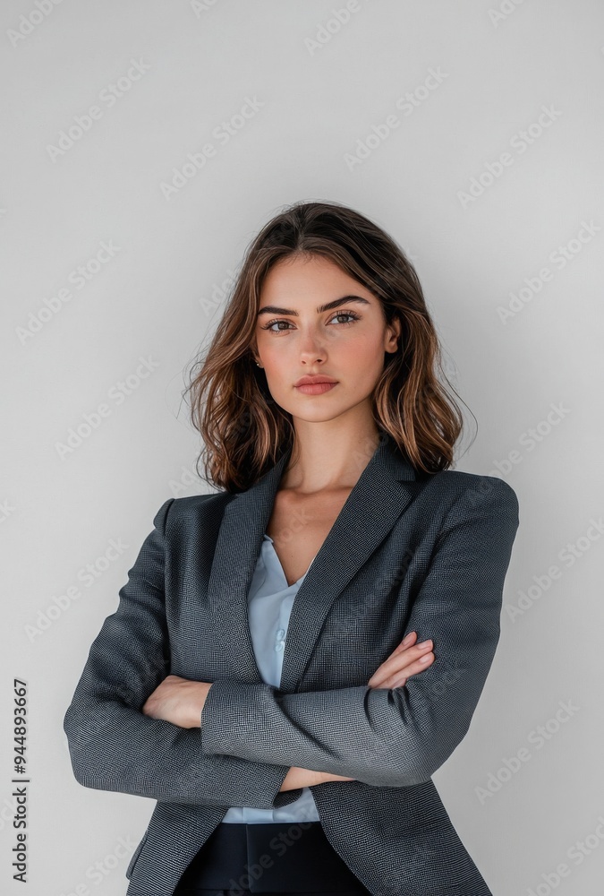 A businesswoman with arms crossed, standing against a plain background with copy space above and below A businesswoman with arms crossed, standing against a plain background with copy space above and below