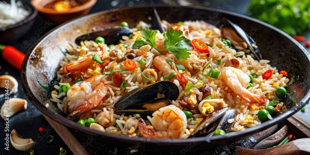 Stir-fried rice with seafood and mussels prepared in a wok Stir-fried rice with seafood and mussels prepared in a wok
