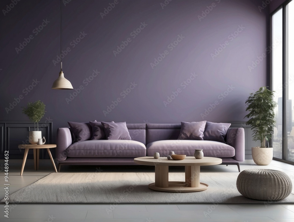Fototapeta premium Modern Living Room Interior with Purple Sofa and Pendant Light