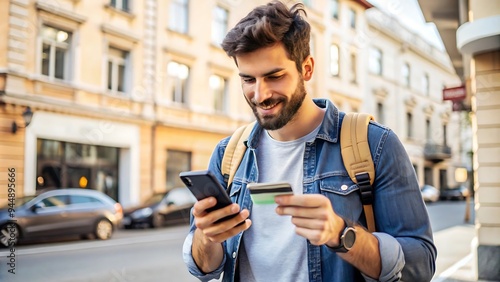 Man using smartphone and credit card outdoors.