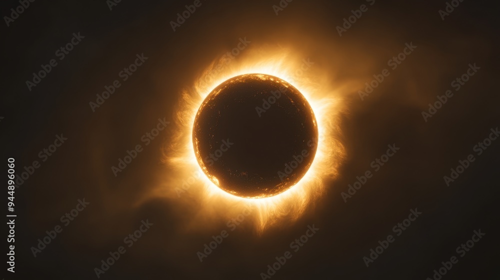 Artistic digital rendering of a solar eclipse, showing a luminous glow around the darkened sun. Artistic digital rendering of a solar eclipse, showing a luminous glow around the darkened sun.