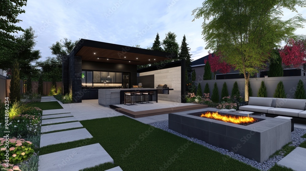 Modern Backyard Oasis with Outdoor Kitchen and Fire Pit