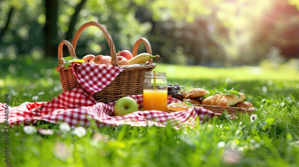 Picnic basket with fresh fruit on a plaid blanket in an apple orchard on a sunny day Picnic basket with fresh fruit on a plaid blanket in an apple orchard on a sunny day