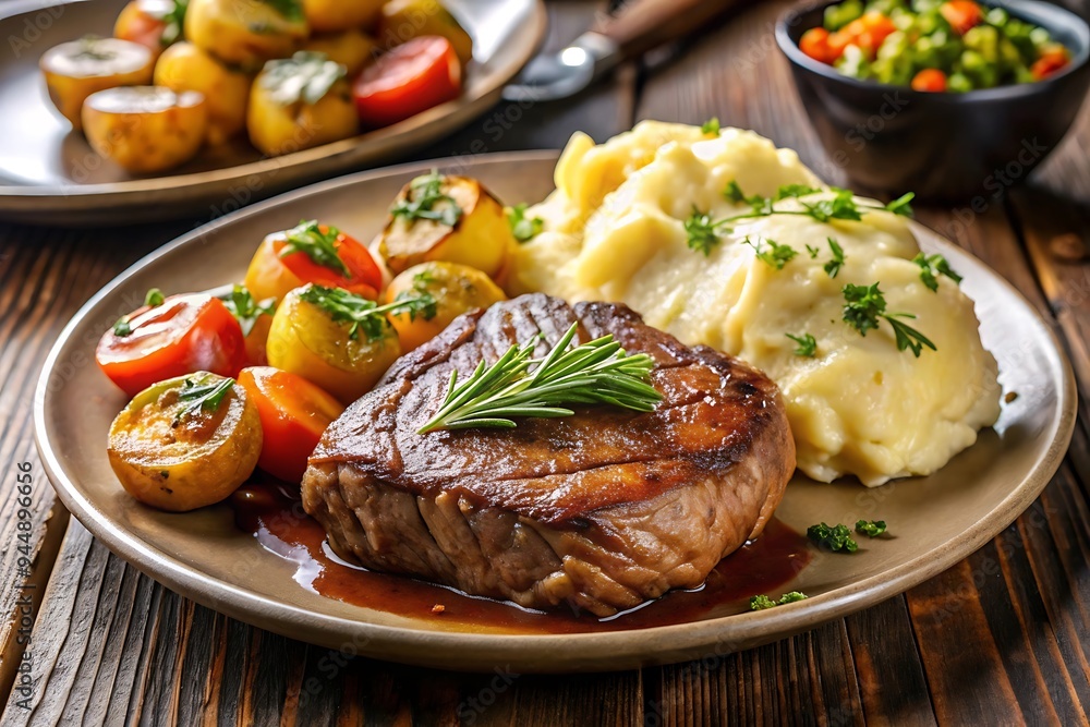 Steak with Mashed Potatoes and Roasted Vegetables. Steak with Mashed Potatoes and Roasted Vegetables.