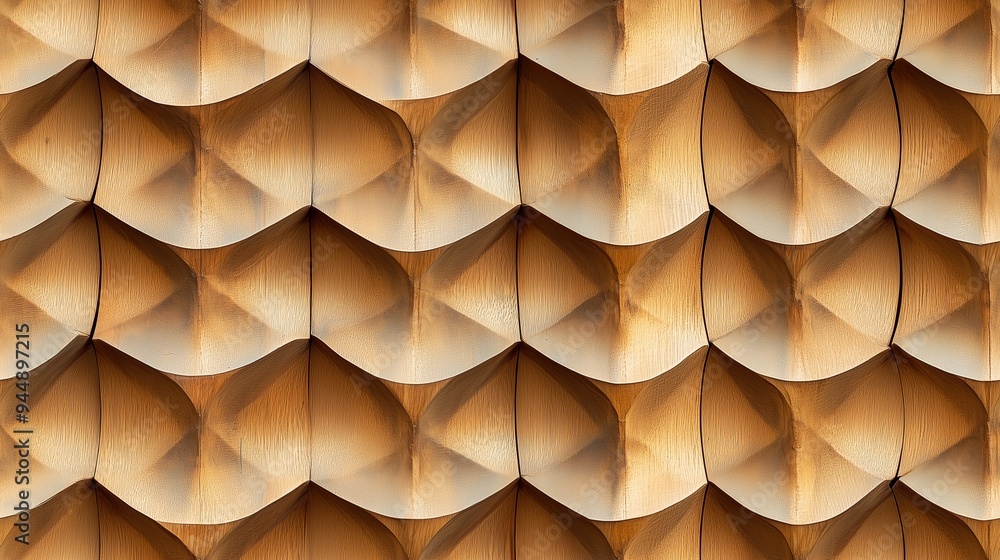 Textured wooden surface featuring a repeating pattern of curved, overlapping shapes. The wood has a warm, natural tone, highlighting the craftsmanship and design. Textured wooden surface featuring a repeating pattern of curved, overlapping shapes. The wood has a warm, natural tone, highlighting the craftsmanship and design.