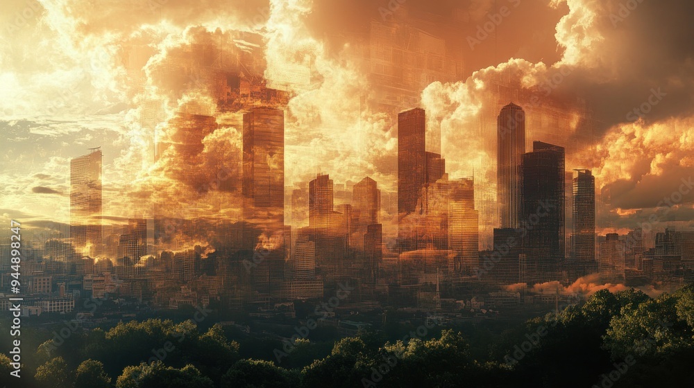 Obraz premium Cityscape with Golden Sunset Clouds