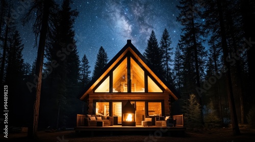 A cozy cabin illuminated at night, surrounded by tall trees under a starry sky, perfect for a tranquil getaway.