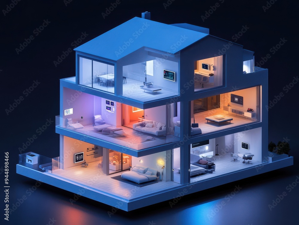 A detailed miniature house model showcasing modern interior design with vibrant lighting in each room. A detailed miniature house model showcasing modern interior design with vibrant lighting in each room.