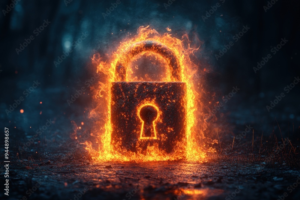 A padlock engulfed in flames, highlighting the concept of security and danger. A padlock engulfed in flames, highlighting the concept of security and danger.