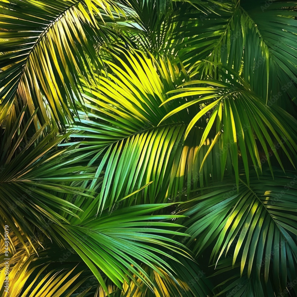 Obraz premium Close-Up Of Lush Palm Leaves In A Vibrant Tropical Setting