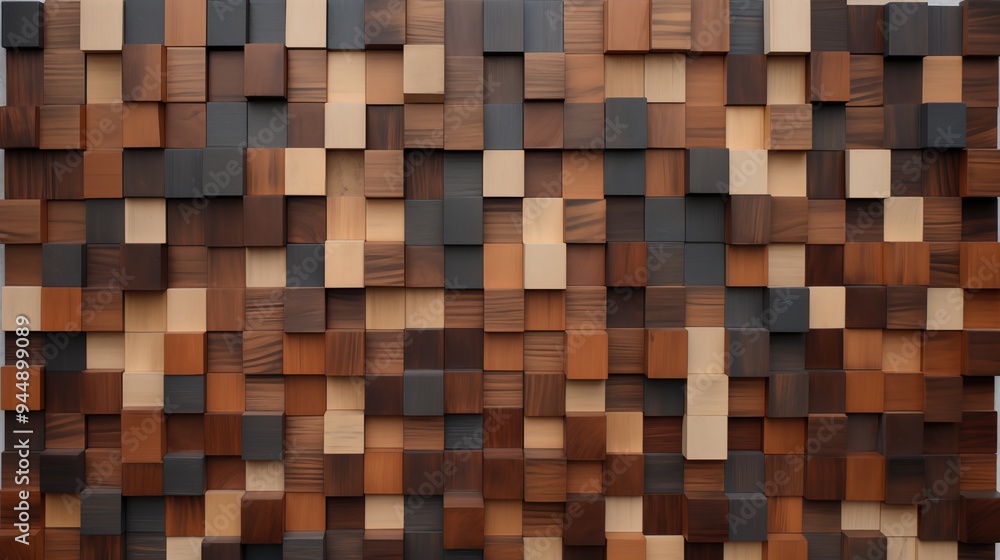 A textured wall made of various wooden blocks in different shades of brown, beige, and black, creating a modern and artistic design. A textured wall made of various wooden blocks in different shades of brown, beige, and black, creating a modern and artistic design.
