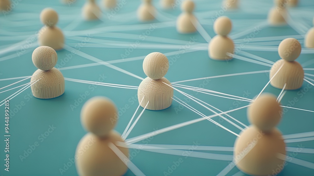 Obraz premium Dynamic Connectivity: A Stunning Poster Design Featuring Wooden Avatars Linked by White Threads on Azure, Perfect for Sports Interiors and Creative Spaces