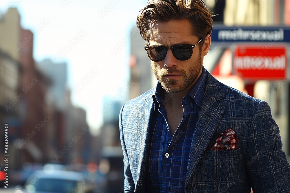 Stylish Man in Slim-Fit Plaid Shirt and Blazer in the City Stylish Man in Slim-Fit Plaid Shirt and Blazer in the City