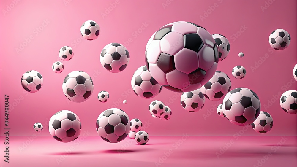 Floating soccer and football balls in various sizes on a pink background, abstract sports concept, sports, soccer, football Floating soccer and football balls in various sizes on a pink background, abstract sports concept, sports, soccer, football