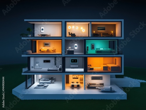 A modern illuminated house showcasing innovative interior designs across multiple rooms. Perfect for architectural inspiration.