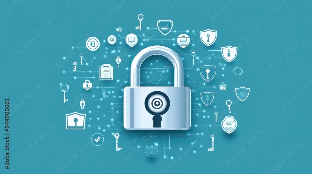 A modern lock design surrounded by various security icons representing safety and protection in a digital world. A modern lock design surrounded by various security icons representing safety and protection in a digital world.