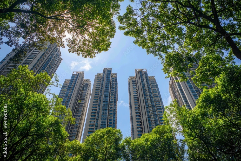 Fototapeta premium high rise apartments and green trees , ai