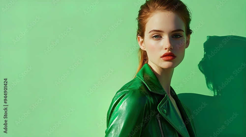 Fototapeta premium Striking Fashion Statement: A Stylish Woman in a Glossy Green Leather Jacket – Perfect Poster for a Chic Sports or Modern Interior!