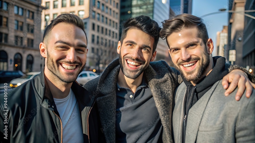 Three Happy Friends Hugging in the City. Three Happy Friends Hugging in the City.