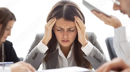 240805 188. A woman with throbbing scalp in office meeting room. Epicranial aponeurosis irritated due to tension headache and prolonged stress longtime. Health and medical concept isolated on white photo