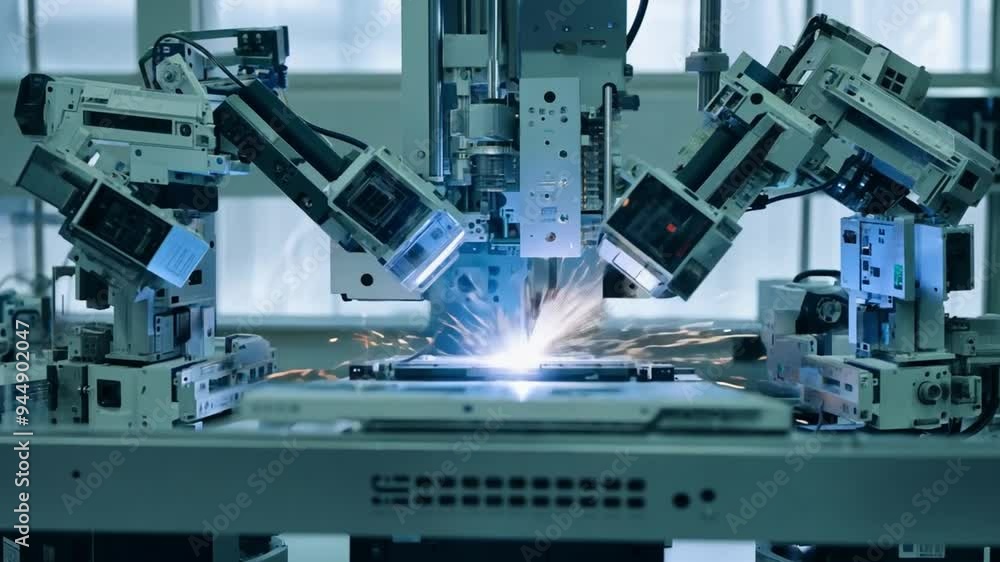 Mechanized industry robot and robotic arms for assembly in factory production Concept of artificial intelligence for industrial. Mechanized industry robot and robotic arms for assembly in factory production Concept of artificial intelligence for industrial.