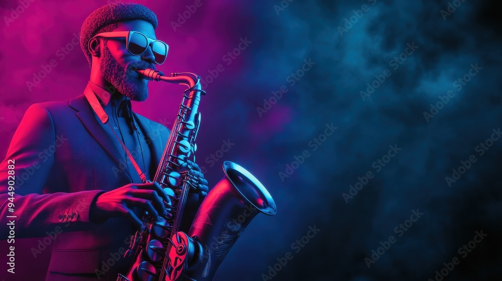 Fototapeta premium A stylish musician plays the saxophone in vibrant blue and pink lighting, capturing the essence of jazz and nightlife.