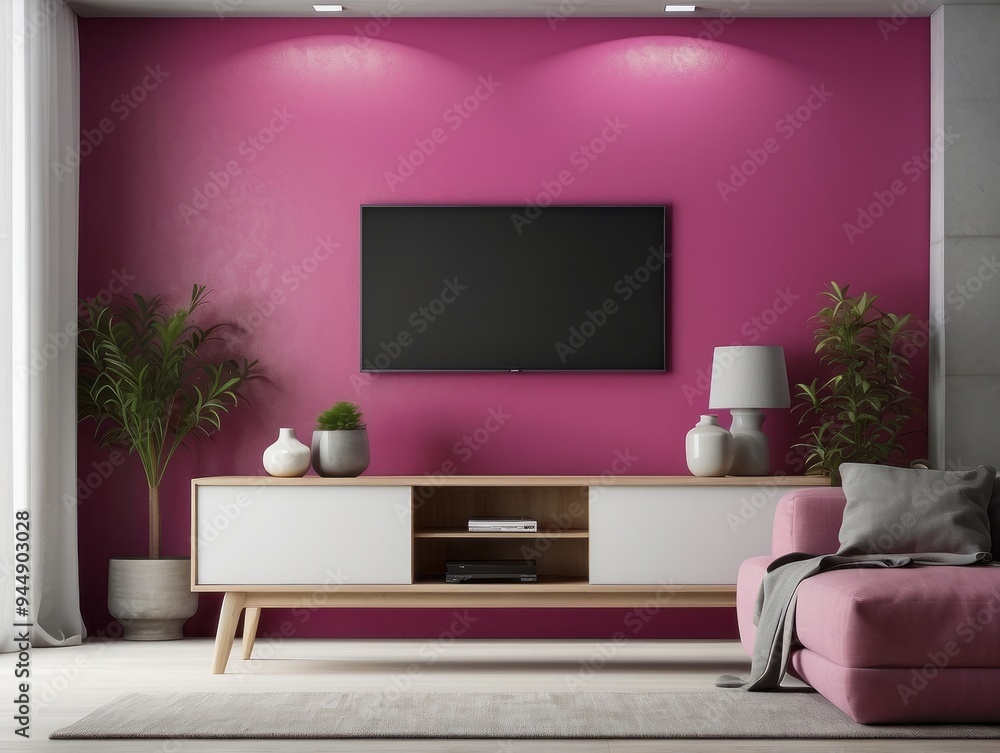 Modern Living Room with Pink Wall, TV, and Couch Modern Living Room with Pink Wall, TV, and Couch