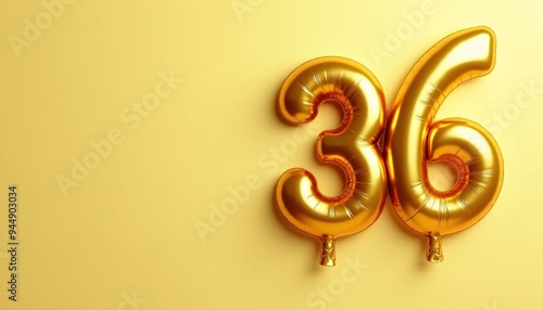 Banner with number 36 golden balloon with copy space. Thirty-sixth birthday celebration on a solid color background. photo