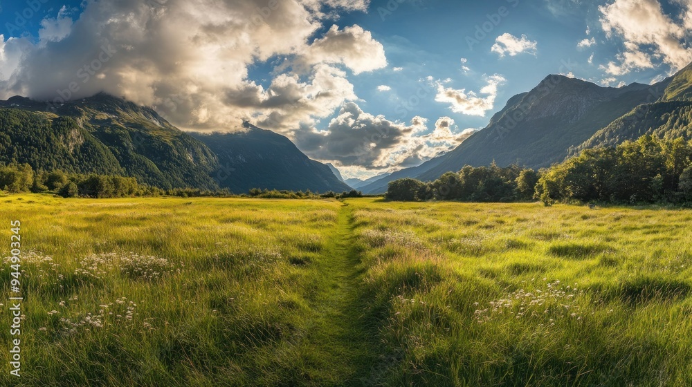 A Path Through a Mountain Meadow Under a Partly Cloudy Sky A Path Through a Mountain Meadow Under a Partly Cloudy Sky
